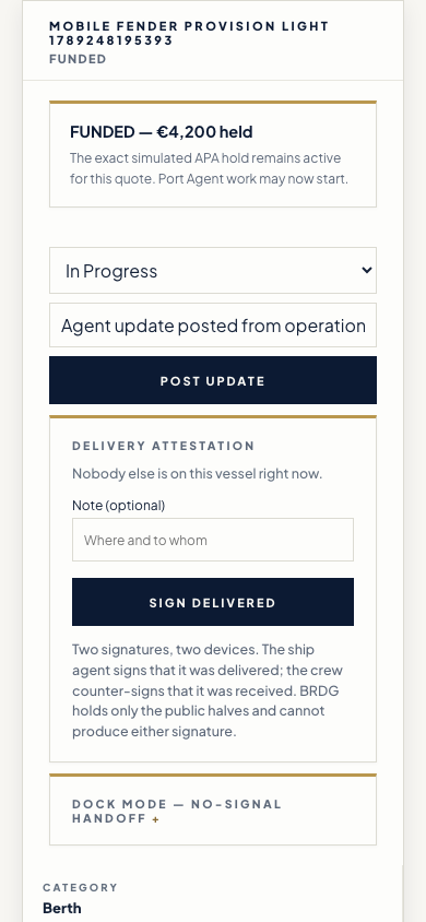 Step 7 of 13, phone screen. The job reads FUNDED, EUR 4,200 held, and the agent may start the work.