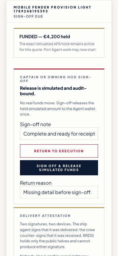 Step 11 of 13, phone screen. The captain signs off the completed job.